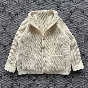 Vintage Fisherman Sweater Men's Large Cream Wool Cable Knit Cardigan Cowl Neck
